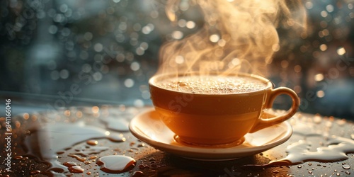A picture of a hot cup of java, deep, intense, fragrant, enveloped in tendrils of vapor, evoking a welcoming and snug atmosphere, taken on a wet day, with gentle, muted