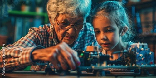 Grandma assisting granddaughter in STEM fields and coding, while the young girl builds a basic robot and presents it to her.