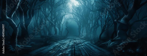 High-angle view, spooky Halloween night, dark forest with twisted trees, empty wooden planks, copyspace illuminated by moonlight, photorealistic with high contrast shadows