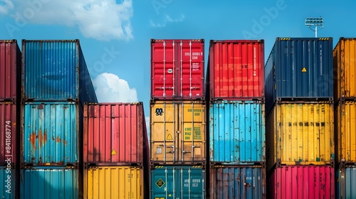 Colorful Stacked Cargo Containers in Shipping Port with Blue Sky