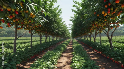 Coffee Farm: Rows of Trees with Shaded Understory and Ripening Fruit, Generative AI