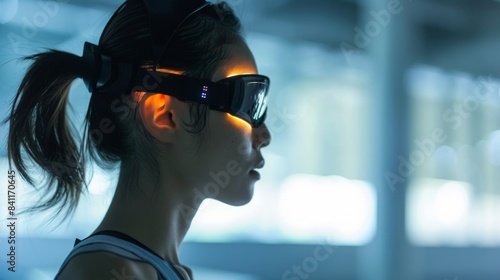 A woman with her hair pulled back in a ponytail stands indoors wearing futuristic goggles with an orange glow.