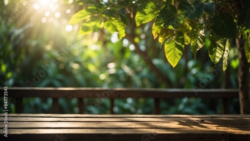 Sunlight Filtering Through Tropical Foliage Surrounding a Rustic Wooden Table.