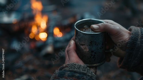 The close up picture of the person holding the cup of the coffee by their own hand to relax near fireplace for relaxation with dark gloomy blur background yet feel warm by the source of heat. AIG43.