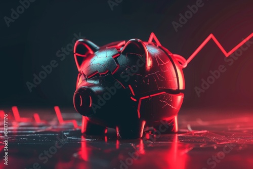 Cracked piggy bank, dim lighting, falling red financial graph, flat design, top view, financial loss theme, animation, Splitcomplementary color scheme