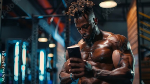 A muscular man with dreadlocks checks his phone while standing in a modern gym, with weights and exercise equipment visible in the background.