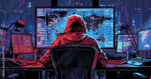 a hacker in a hooded jacket sitting at a desk