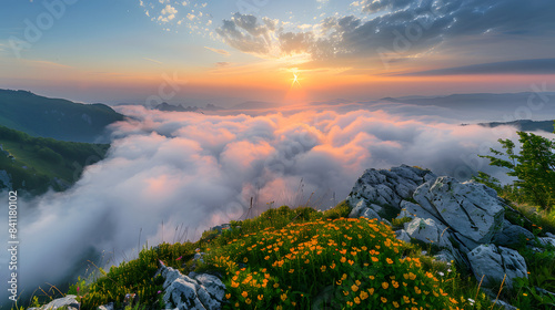 Beautiful sunrise in mountains with white fog below panorama
