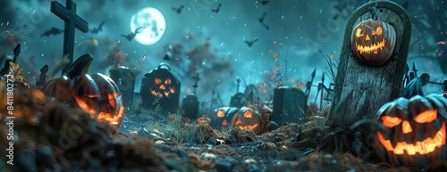 Tilted angle view of an eerie graveyard at dusk, pumpkins with menacing carved faces, a zombie rising from a grave, a weathered wooden board with Halloween Party inscribed