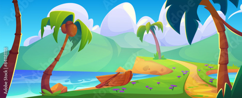 Tropical lagoon landscape with coconuts on palm trees, pathway along sea or ocean shore, boat on beach, calm blue water, mountains and sunny sky with clouds. Cartoon summer vector paradise scenery.