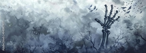 Wide-angle shot of a zombie skeleton hand, extending horizontally amidst swirling fog in a creepy Halloween night, with bats flying in the background and space for text on the right, watercolor style