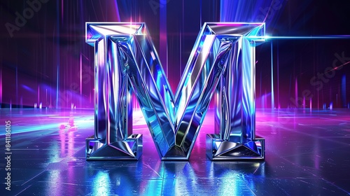 M in Futuristic Style: Three-Dimensional Silver Metal with Technological Blue Glow