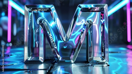 M in Futuristic Style: Three-Dimensional Silver Metal with Technological Blue Glow