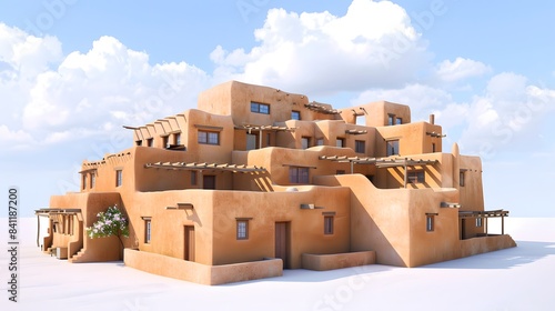 Pueblo-style adobe house, reflecting the traditional architecture of Native American communities in the Southwestern United States. Multi-story house made of adobe bricks, with flat roofs