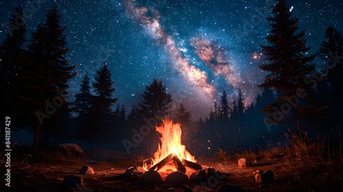 A campfire burning brightly under a starry night sky, surrounded by trees and wilderness