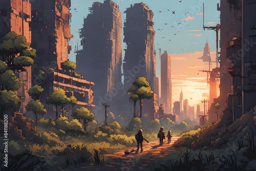 pixel art landscape showcasing post apocalyptic world with ruined city buildings