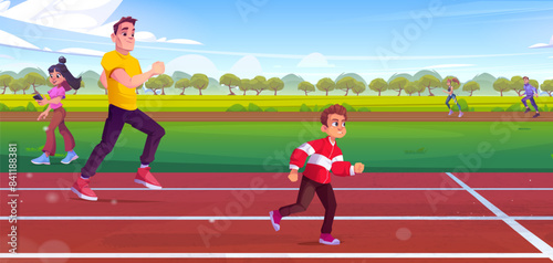 People of different age jogging on running track on stadium on summer day. Cartoon vector men, women and kid boy athlete in sportswear doing fitness workout. Sport activity and healthy lifestyle.