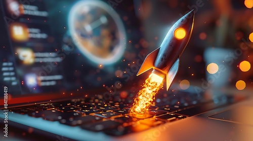 Sleek, futuristic rocket blasting off from an open laptop screen, symbolizing a dynamic and powerful concept for launching a successful startup business in the tech industry