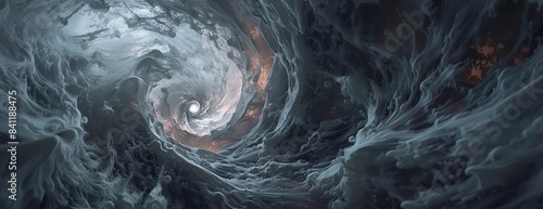 Worms-eye view of an eerie smoke explosion with dark tendrils spiraling outwards, creating a hollow, unsettling center, photorealistic digital art, haunting Halloween atmosphere