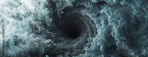 Worms-eye view of an eerie smoke explosion with dark tendrils spiraling outwards, creating a hollow, unsettling center, photorealistic digital art, haunting Halloween atmosphere