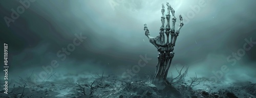 Zombie skeleton hand emerging horizontally from the foggy earth