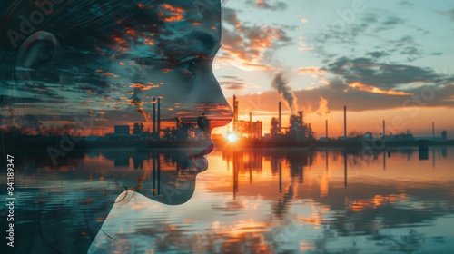 Silhouette of a face overlaid with an industrial landscape at sunset, reflecting the interplay between human presence and industrialization.