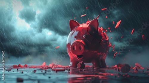Shattered piggy bank, dark cloudy sky, red falling financial graph, flat design, front view, monetary loss theme, 3D render, Complementary Color Scheme