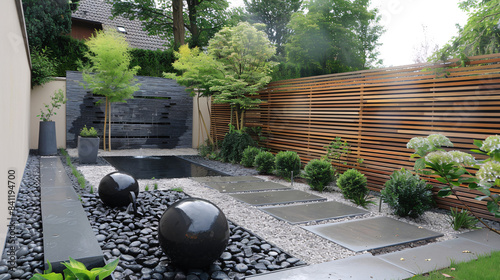 Modern minimalist garden design with stones, tiles, fountain, plants