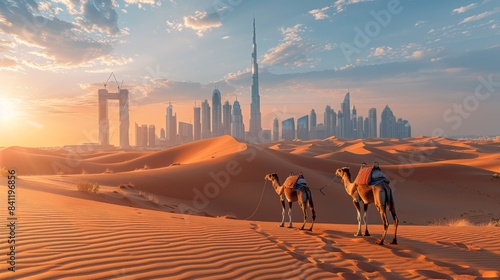caravan of camels is walking in desert in background of skyscrapers of city of Dubai