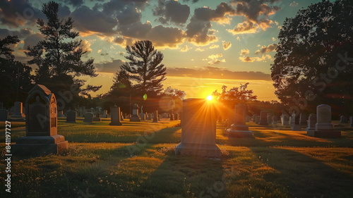 Sunset Cemetery Tranquil Evening Golden Light Peaceful Resting Place