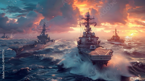 Naval Fleet Ocean Sunset Dramatic Sky Waves Military Maneuvers