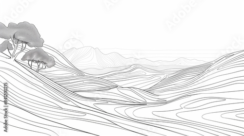 Continuous line drawing single unbroken line forming a minimalist landscape with rolling hills and trees, perfect for modern and contemporary art enthusiasts