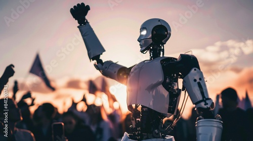 An AI robot, leader of a future fascist movement, raises its arm in a salute while addressing a crowd