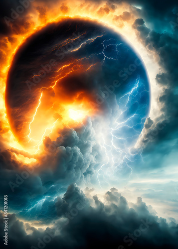 Cielo tormentoso, Armagedon, relampagos y fuego abrazador, Apocalipsis, creado con IAS