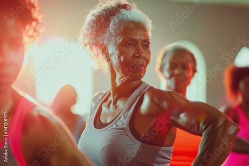 Elderly African-American woman energetically participating in an aerobic exercise class, highlighted by colorful backlighting.