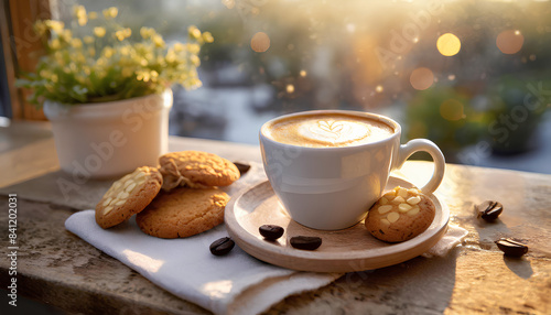 A warm and inviting coffee moment. A beautifully crafted latte or cappuccino sits alongside oatmeal raisin cookies on a rustic wooden tray.