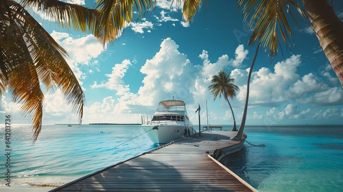 White Boat at pier with palm trees, Maldives island. Beautiful panoramic tropical landscape with turquoise ocean and blue sky with clouds