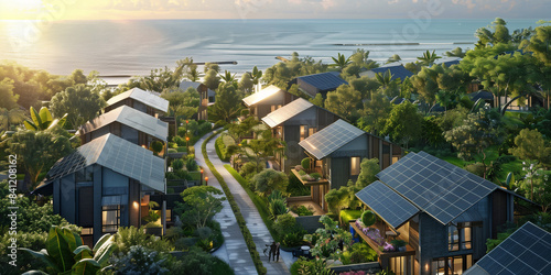 Aerial View of a Coastal Village with Solar-Powered Rooftops. This aerial photograph captures a picturesque coastal village where every rooftop is adorned with solar panels