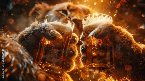 A lion's paws clinking beer steins in a toast, surrounded by a warm, golden glow.