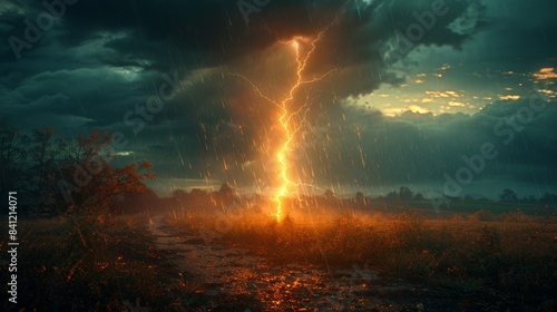 Lightning striking a field during a powerful thunderstorm at sunset