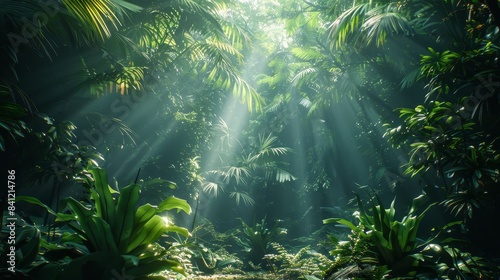 Sunlight beams through the dense canopy of a lush tropical jungle.