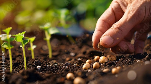 Close-up of a hand planting a small seed into rich, dark soil, symbolizing new beginnings and growth; earth and gardening tools in the background
