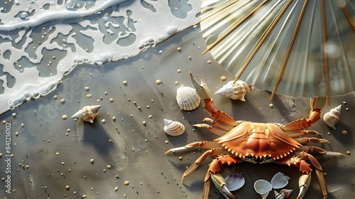 An overhead flat lay view of a beach umbrella with a crab and various seashells scattered around the base on the sandy shore This still life composition captures the essence of a tropical