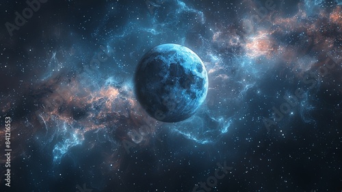 A mesmerizing image of a blue planet set against a backdrop of cloudy, cosmic blue hues.