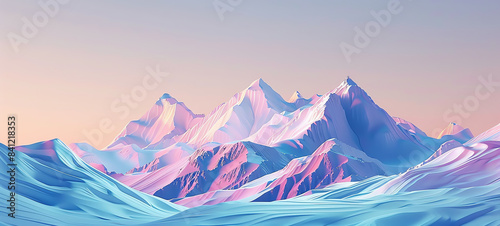 snowy mountains under a clear sky flat design side view, winter theme, 3D render, Triadic Color Scheme.