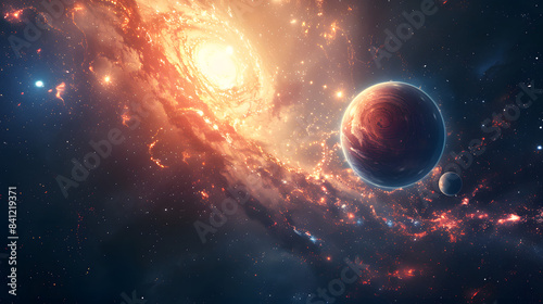 Space wallpaper banner background. Stunning view of a cosmic galaxy with planets and space objects