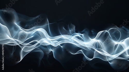 Abstract background with flowing white light on black background.