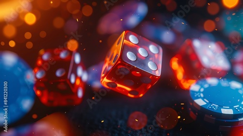 Red dice and poker chips in a gambling game with glowing lights and bokeh.
