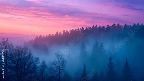 foggy forest with tall and bare trees under a pink sky