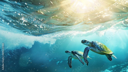 Tropical paradise template with sunlight Ocean surfing wave breaking and two big green turtles diving underwater : Generative AI